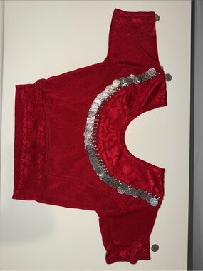 Red Coin-Trim Women's Statement Crop Top Bellydance style + jewelry accessories